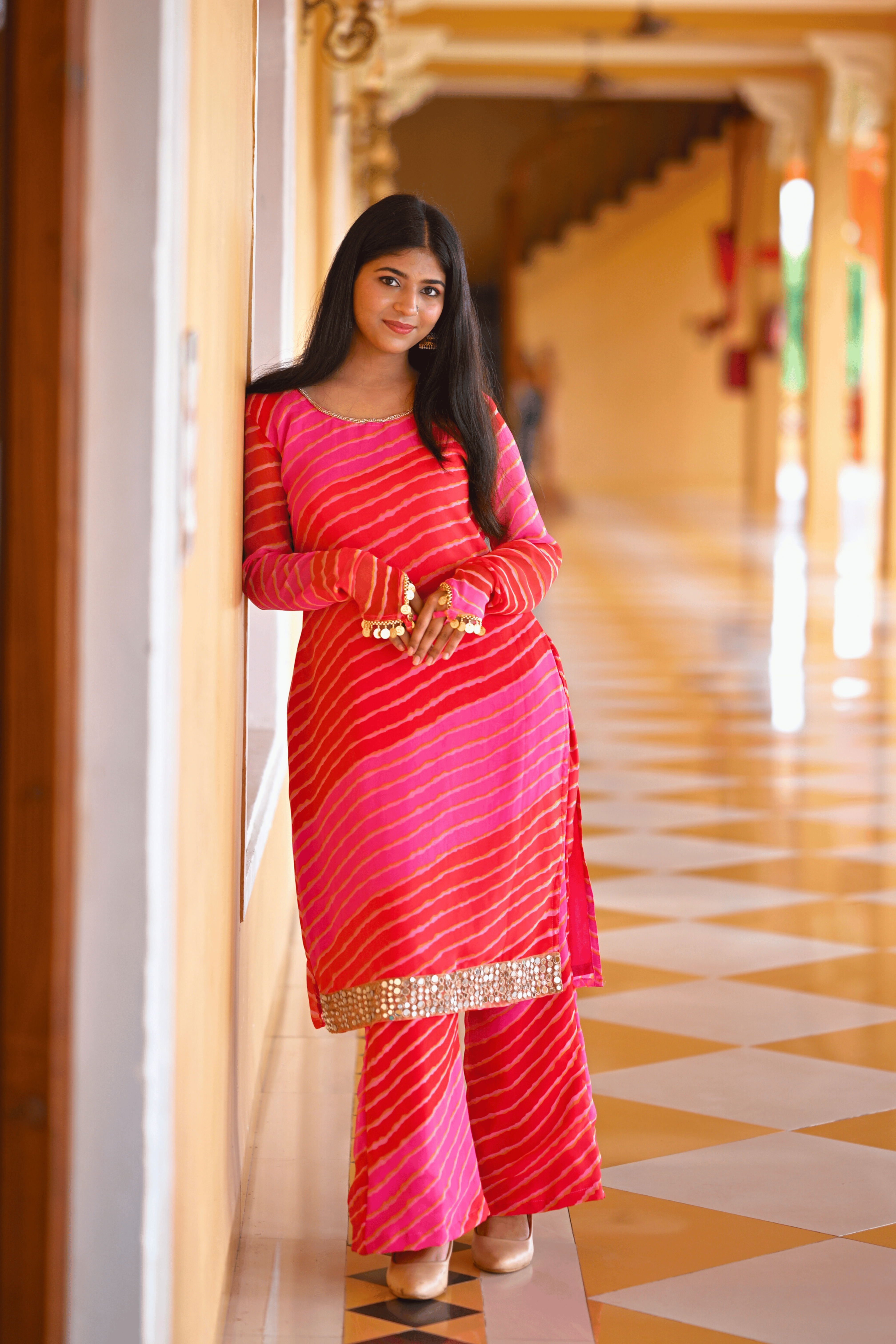 Meher Gulabi Lehariya Kurta Set