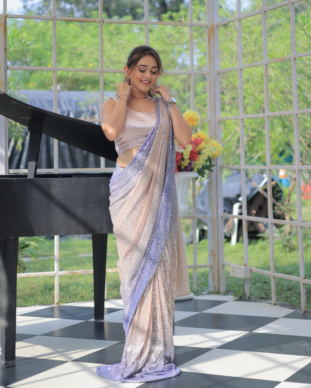 Iridescent Charm – Sequin Pre-Draped Saree from the Ivana Collection