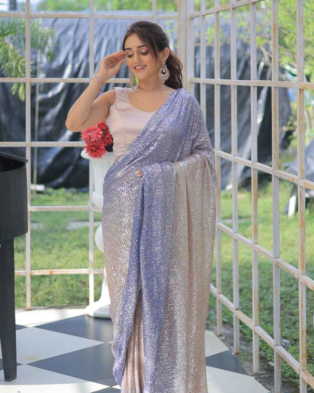 Iridescent Charm – Sequin Pre-Draped Saree from the Ivana Collection