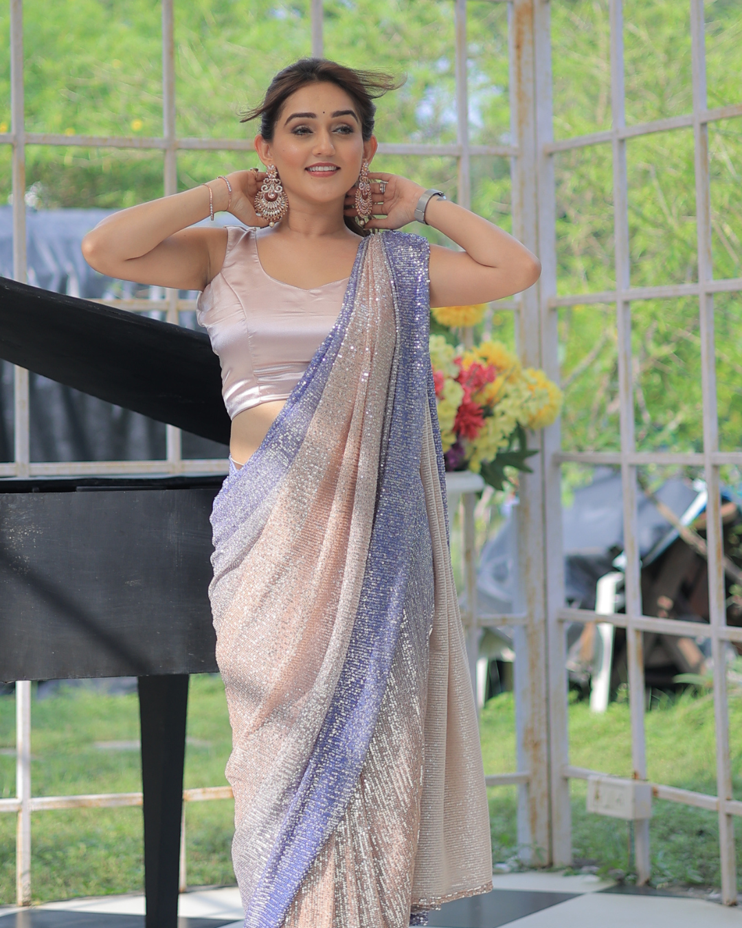 Iridescent Charm – Sequin Pre-Draped Saree from the Ivana Collection