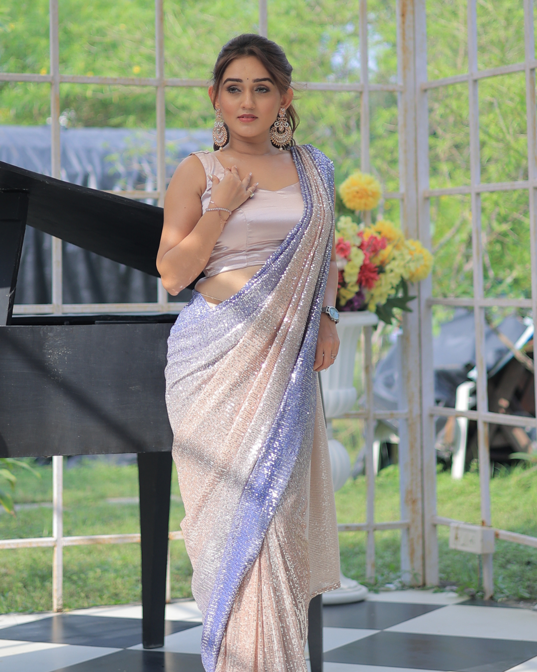 Iridescent Charm – Sequin Pre-Draped Saree from the Ivana Collection