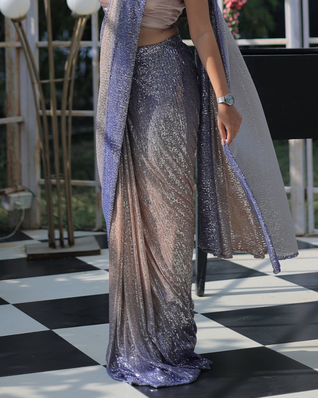 Iridescent Charm – Sequin Pre-Draped Saree from the Ivana Collection