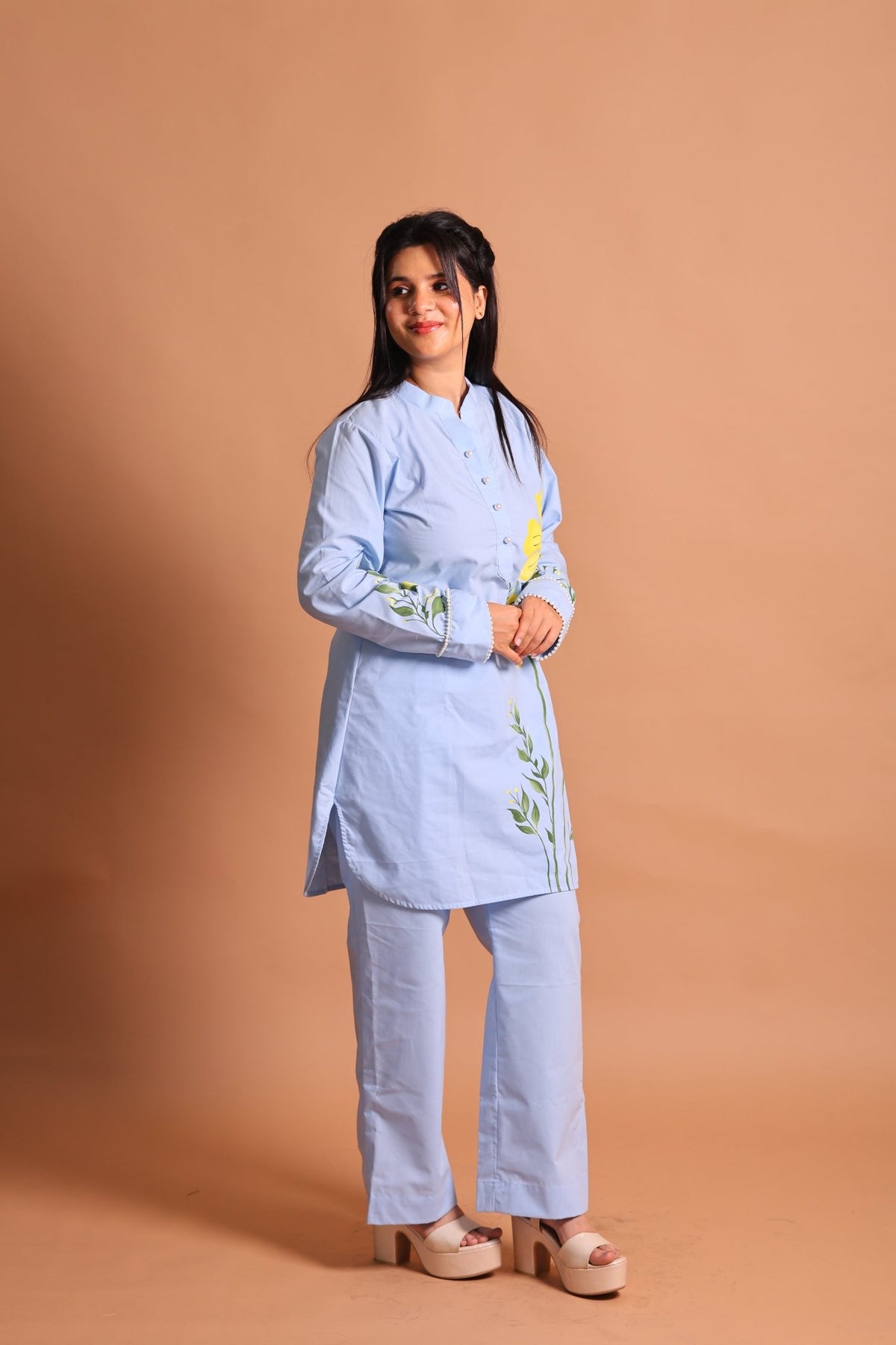 Blue Floral Hand-Painted Co-ord Set - Sukkoon Clothing