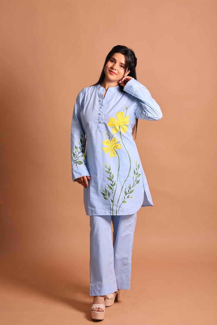 Blue Floral Hand-Painted Co-ord Set - Sukkoon Clothing
