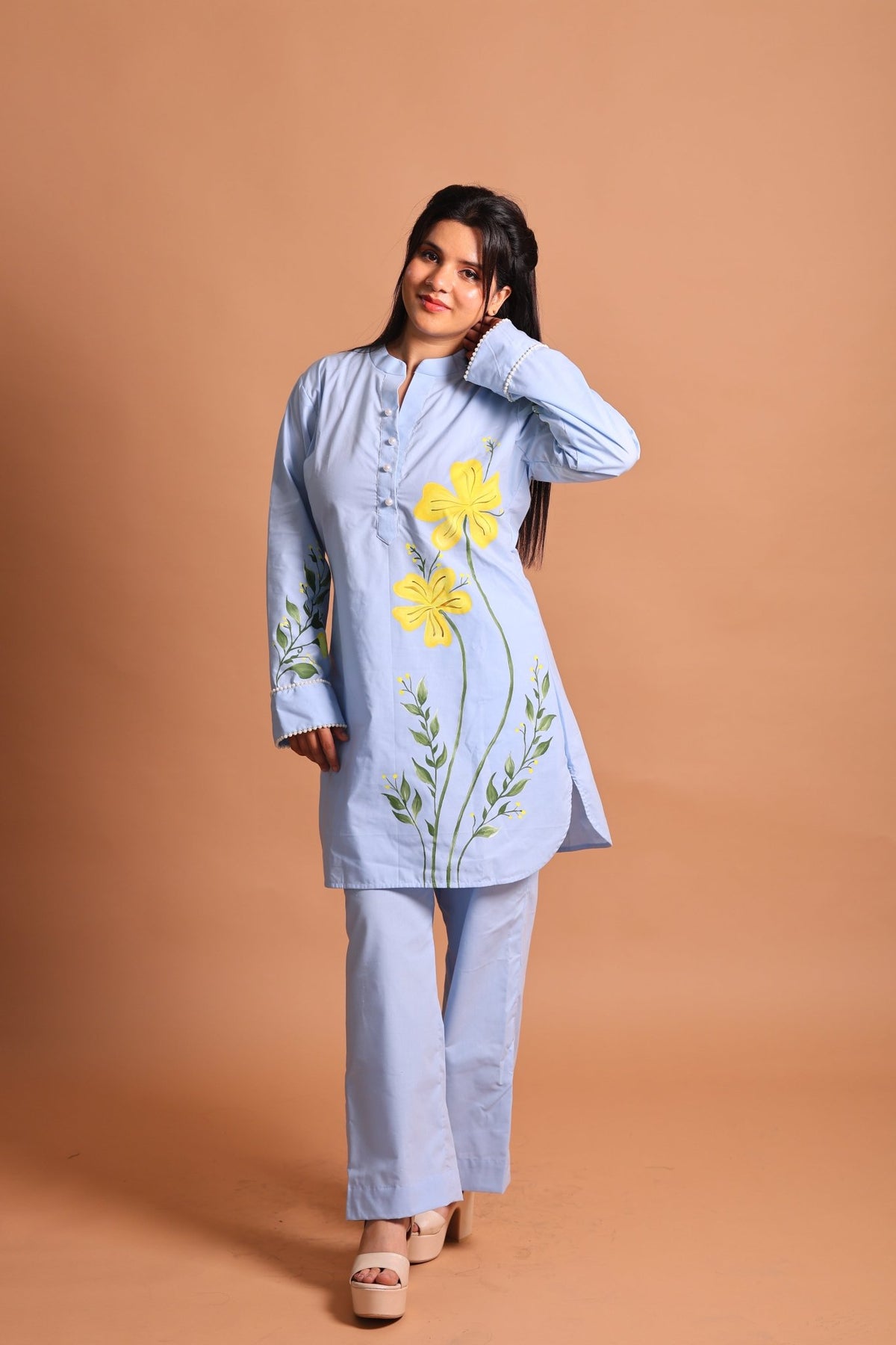 Blue Floral Hand-Painted Co-ord Set - Sukkoon Clothing