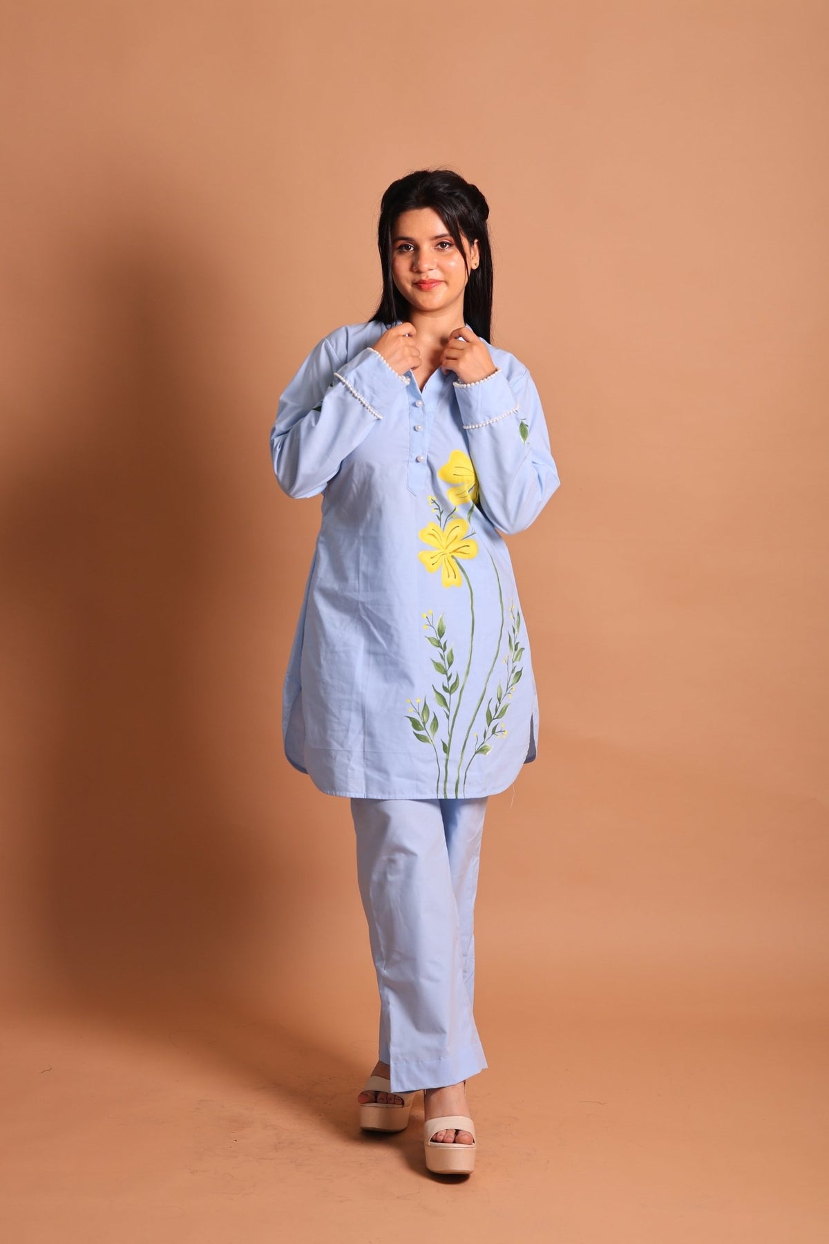Blue Floral Hand-Painted Co-ord Set - Sukkoon Clothing