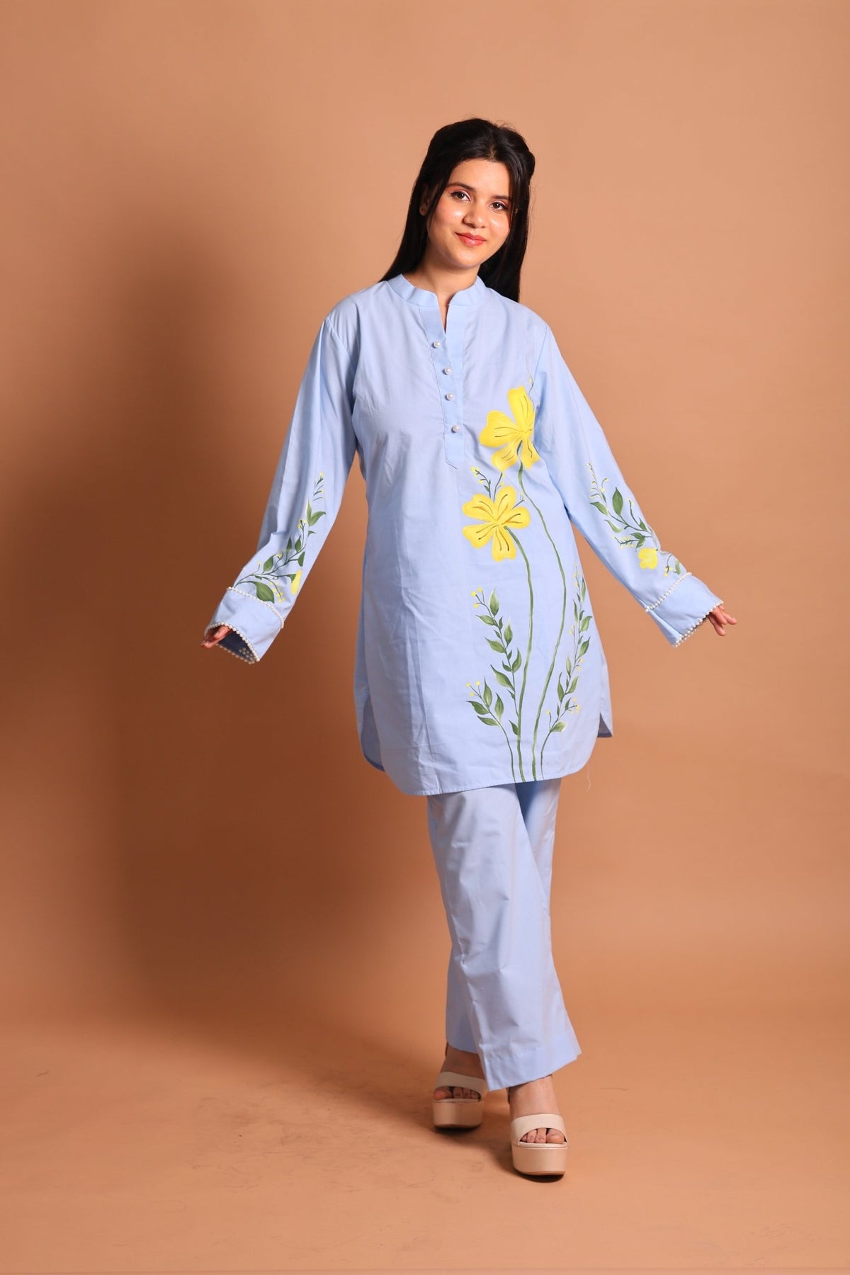 Blue Floral Hand-Painted Co-ord Set - Sukkoon Clothing