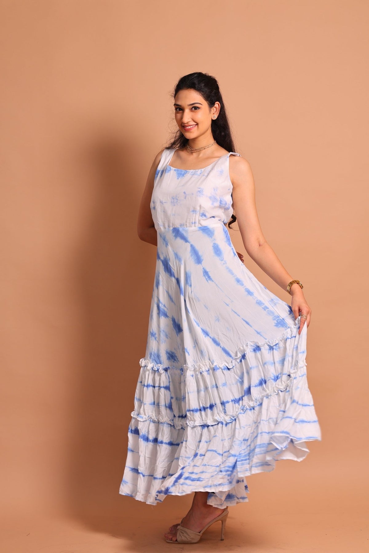Blue Lehariya Tiered Maxi Dress - Sukkoon Clothing