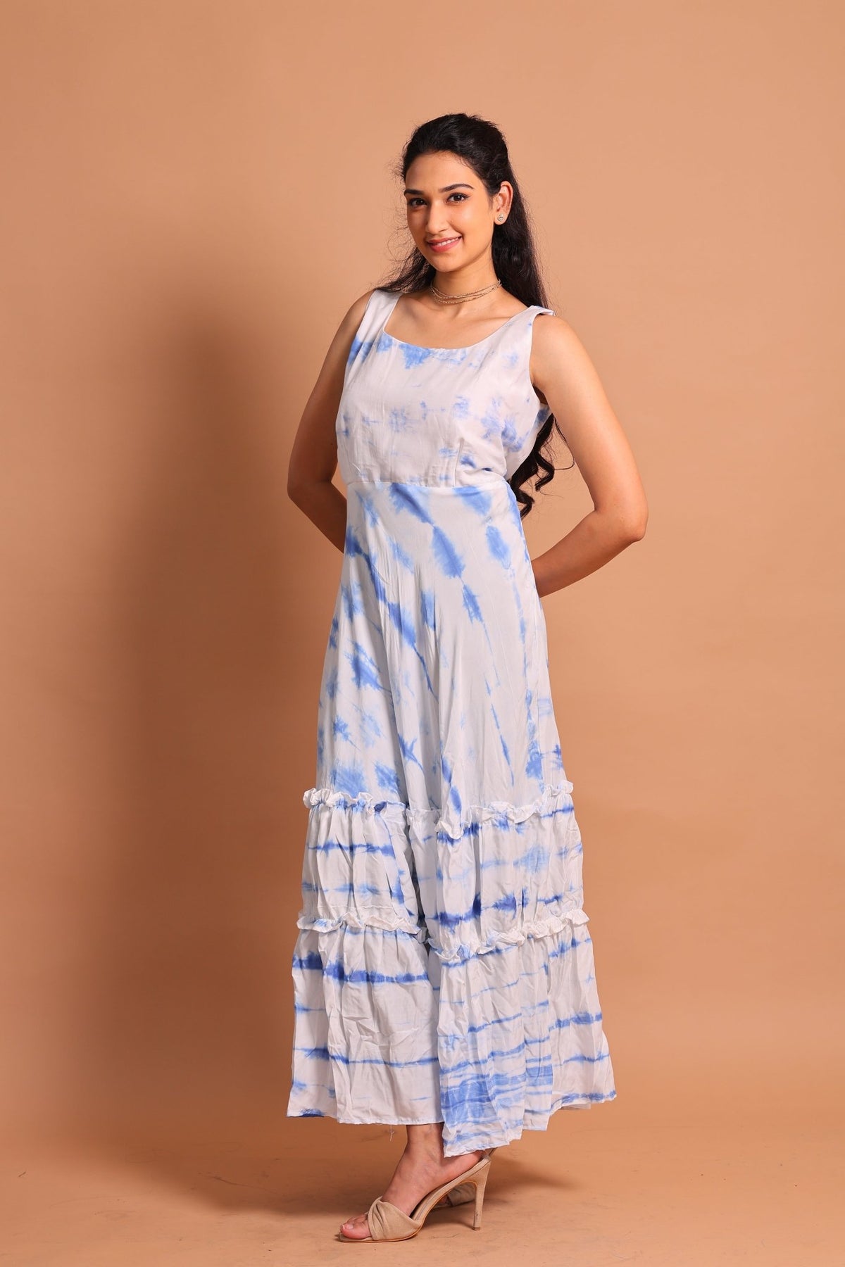 Blue Lehariya Tiered Maxi Dress - Sukkoon Clothing