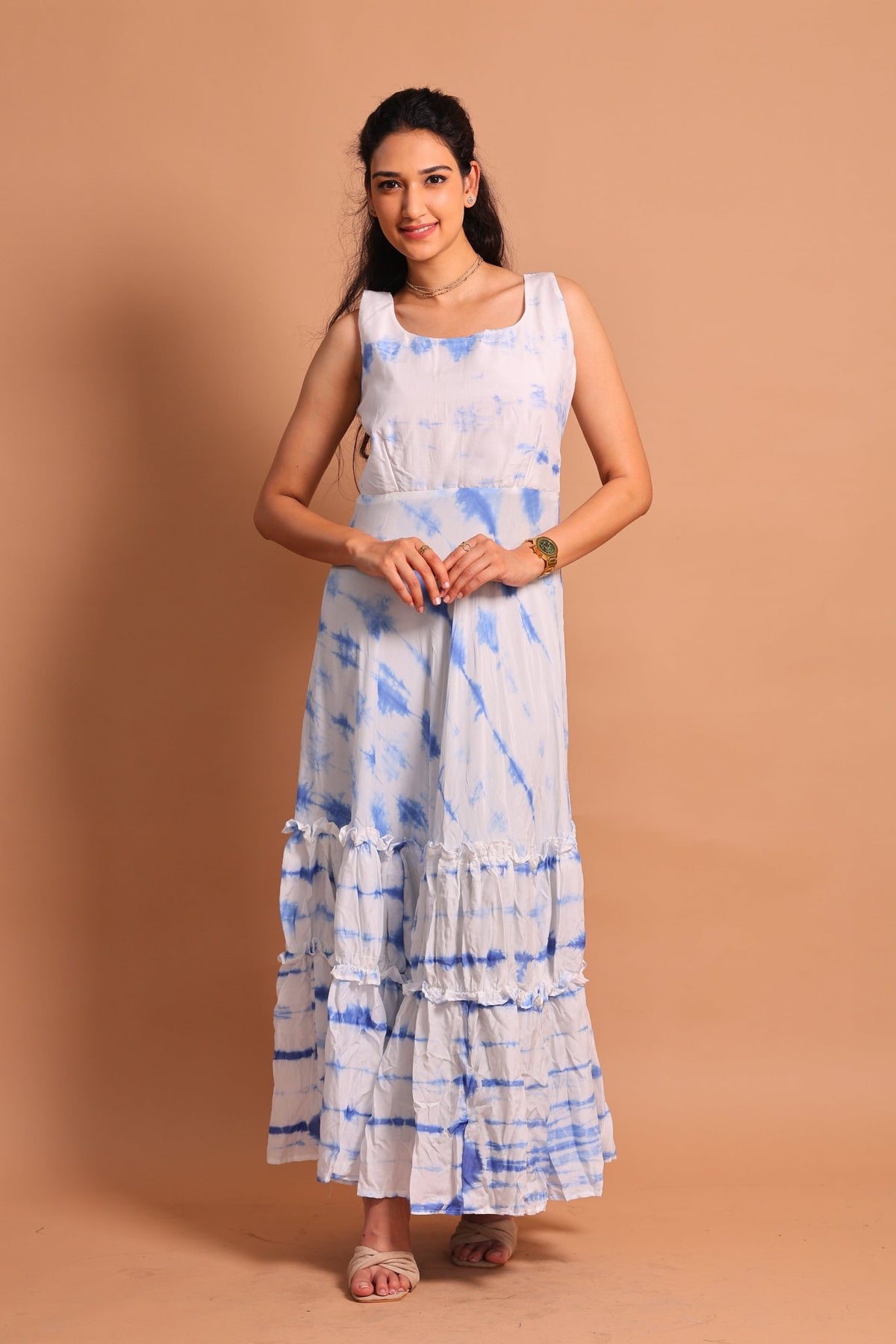Blue Lehariya Tiered Maxi Dress - Sukkoon Clothing