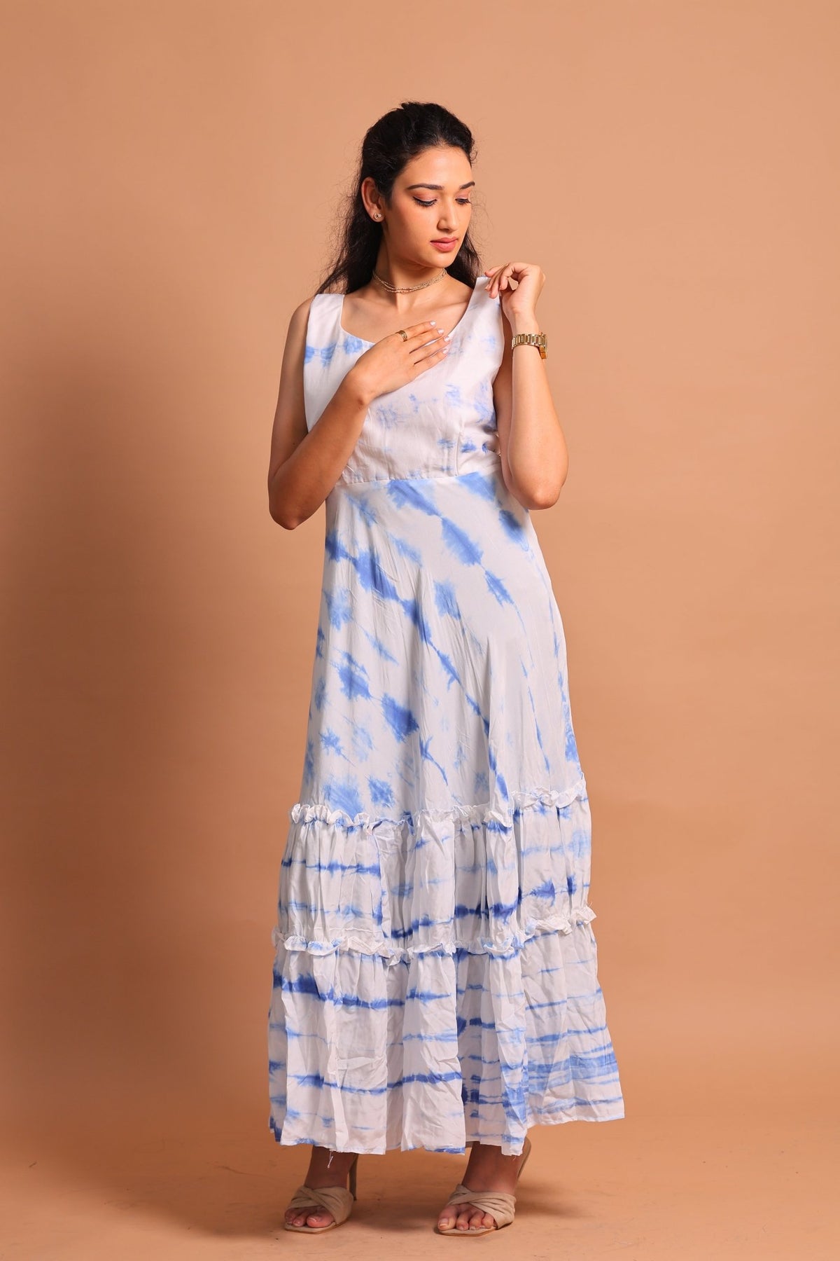 Blue Lehariya Tiered Maxi Dress - Sukkoon Clothing