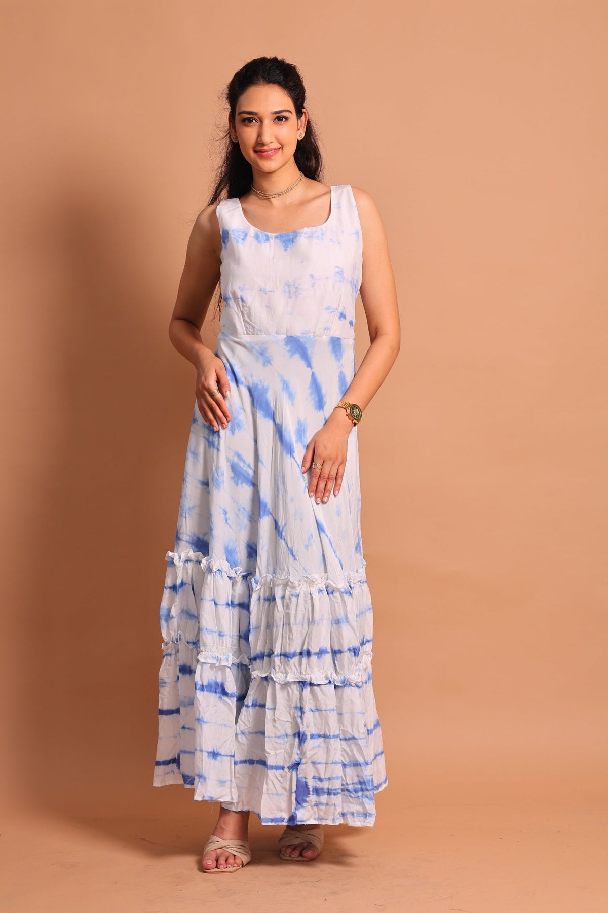 Blue Lehariya Tiered Maxi Dress - Sukkoon Clothing