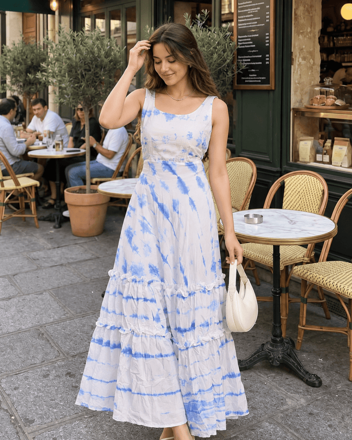 Blue Lehariya Tiered Maxi Dress - Sukkoon Clothing