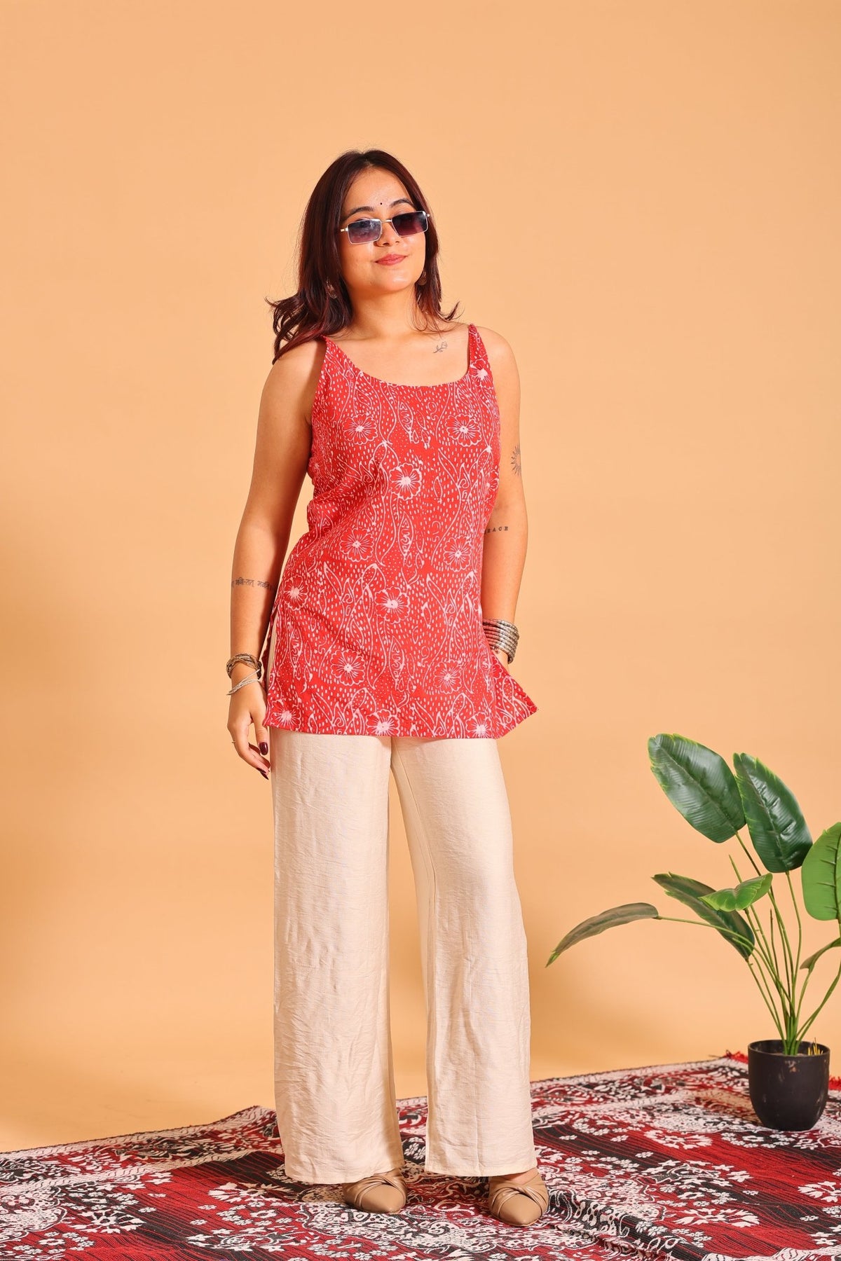 Crimson Bloom Cotton Kurti - Sukkoon Clothing