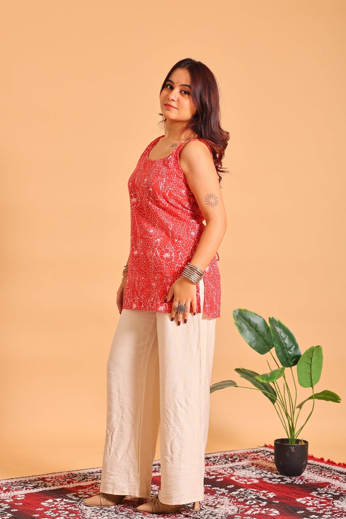 Crimson Bloom Cotton Kurti - Sukkoon Clothing