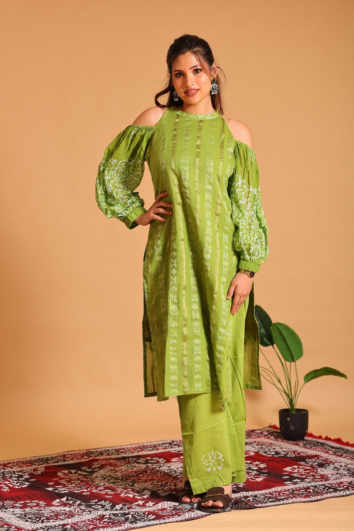 Green Cold-Shoulder Kurta Set - Sukkoon Clothing