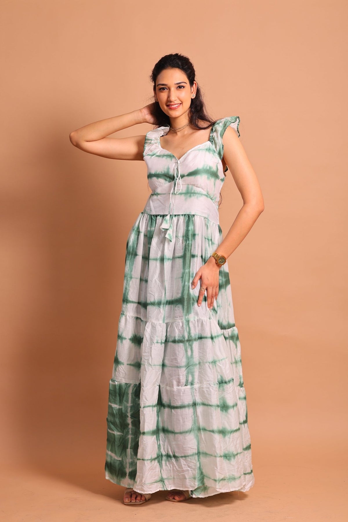 Green Lehariya Tiered Maxi Dress - Sukkoon Clothing