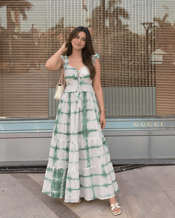 Green Lehariya Tiered Maxi Dress - Sukkoon Clothing