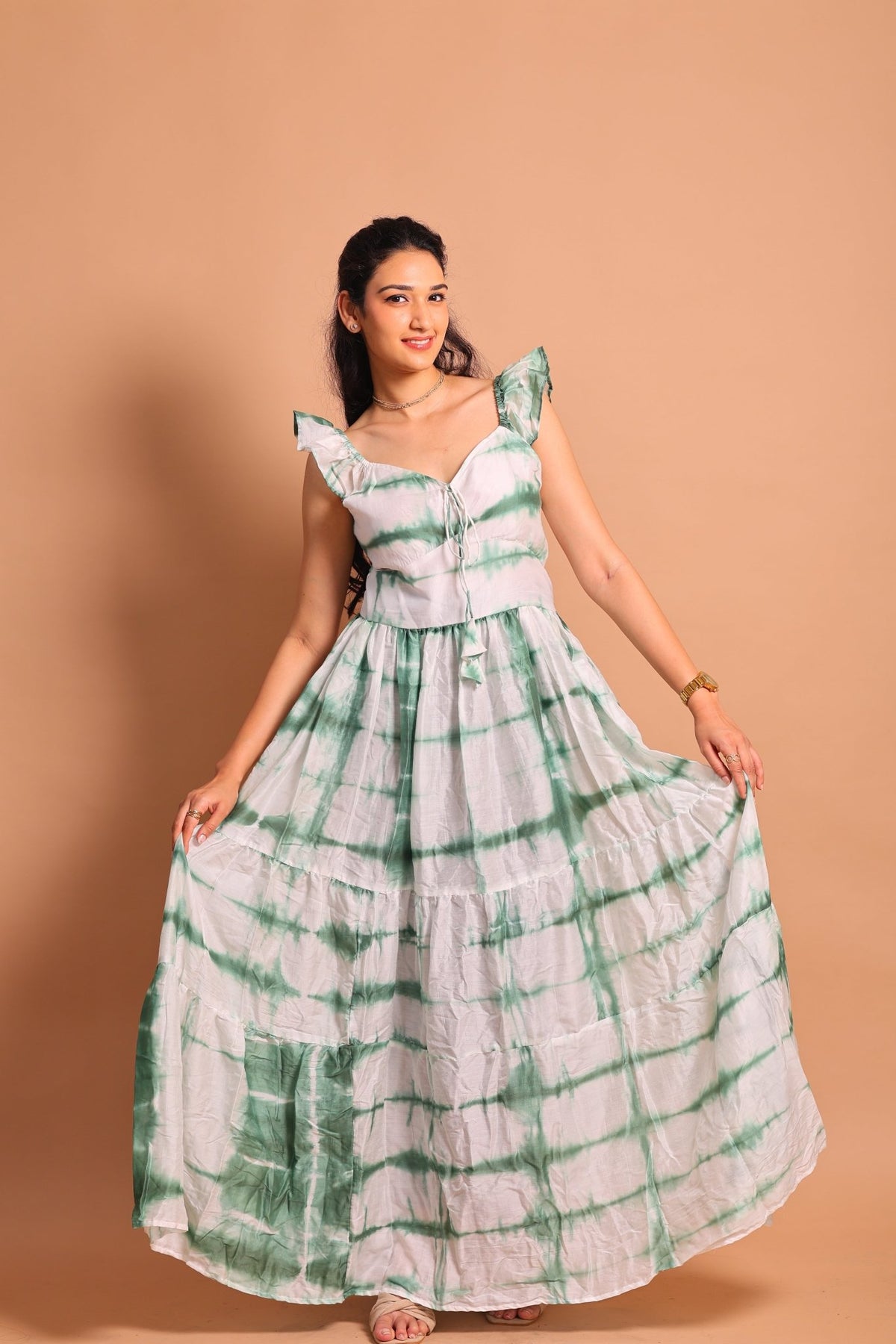 Green Lehariya Tiered Maxi Dress - Sukkoon Clothing