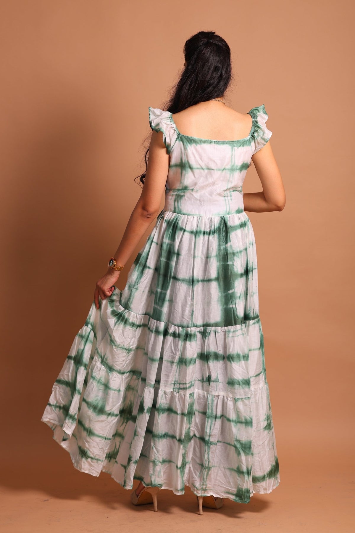 Green Lehariya Tiered Maxi Dress - Sukkoon Clothing