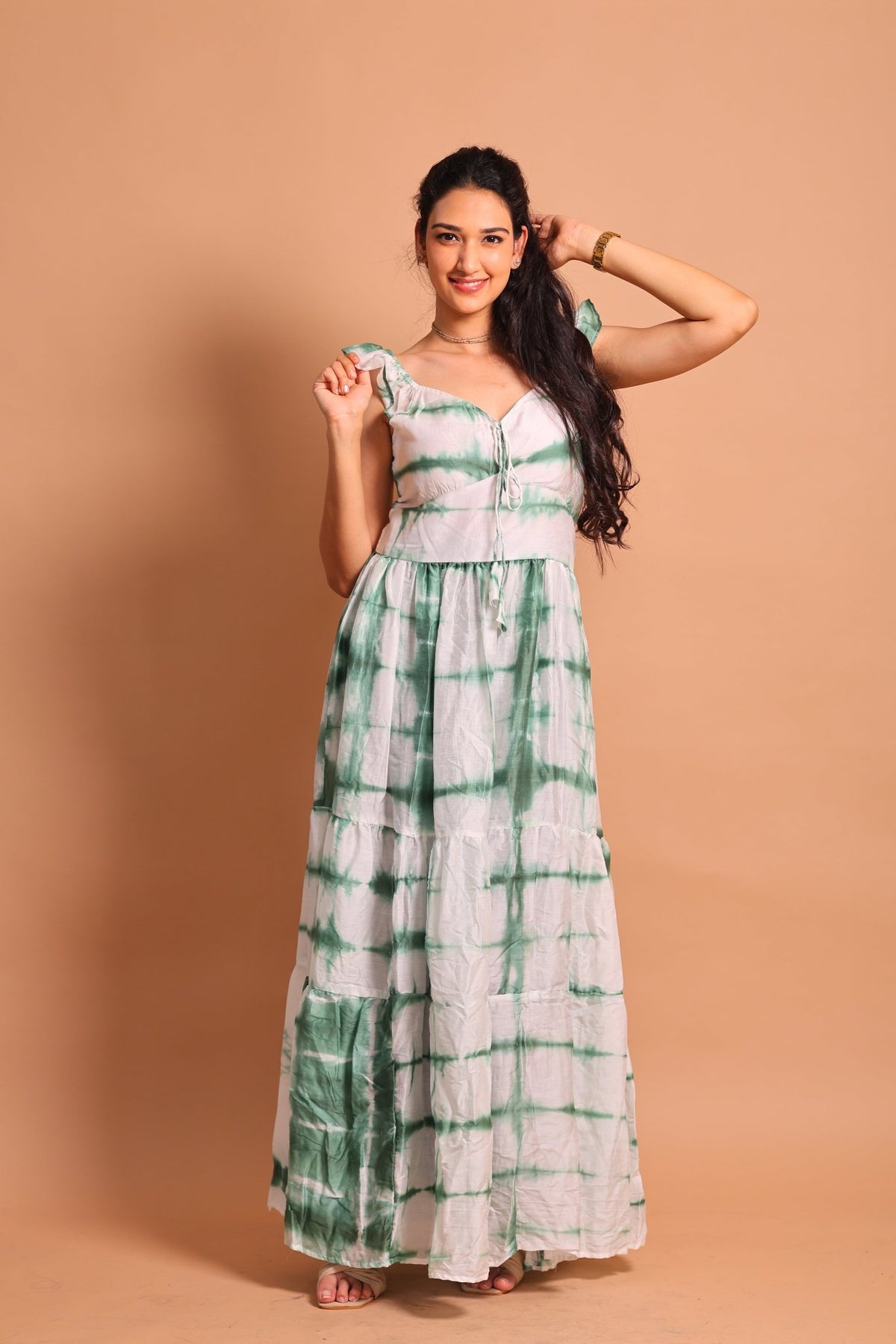 Green Lehariya Tiered Maxi Dress - Sukkoon Clothing