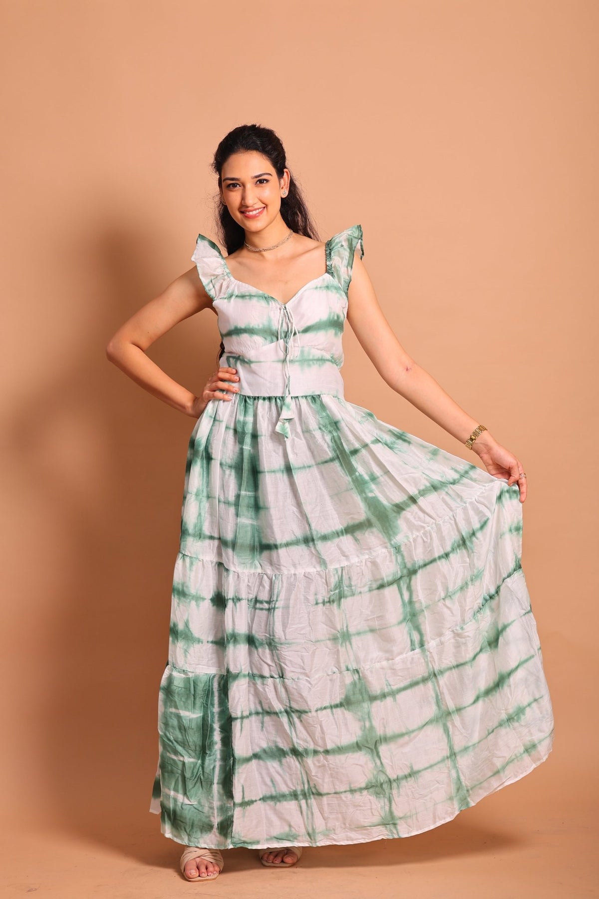 Green Lehariya Tiered Maxi Dress - Sukkoon Clothing