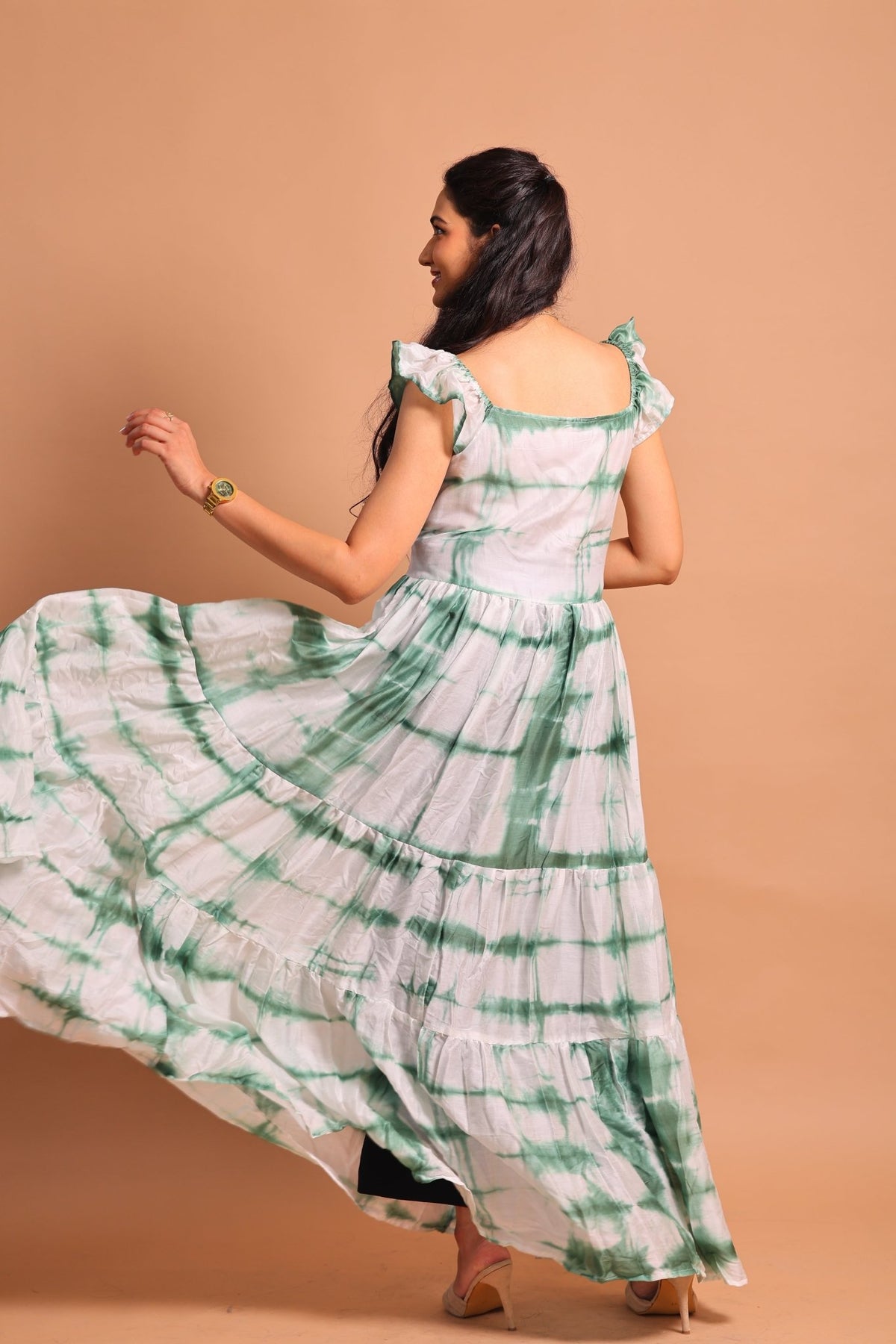 Green Lehariya Tiered Maxi Dress - Sukkoon Clothing