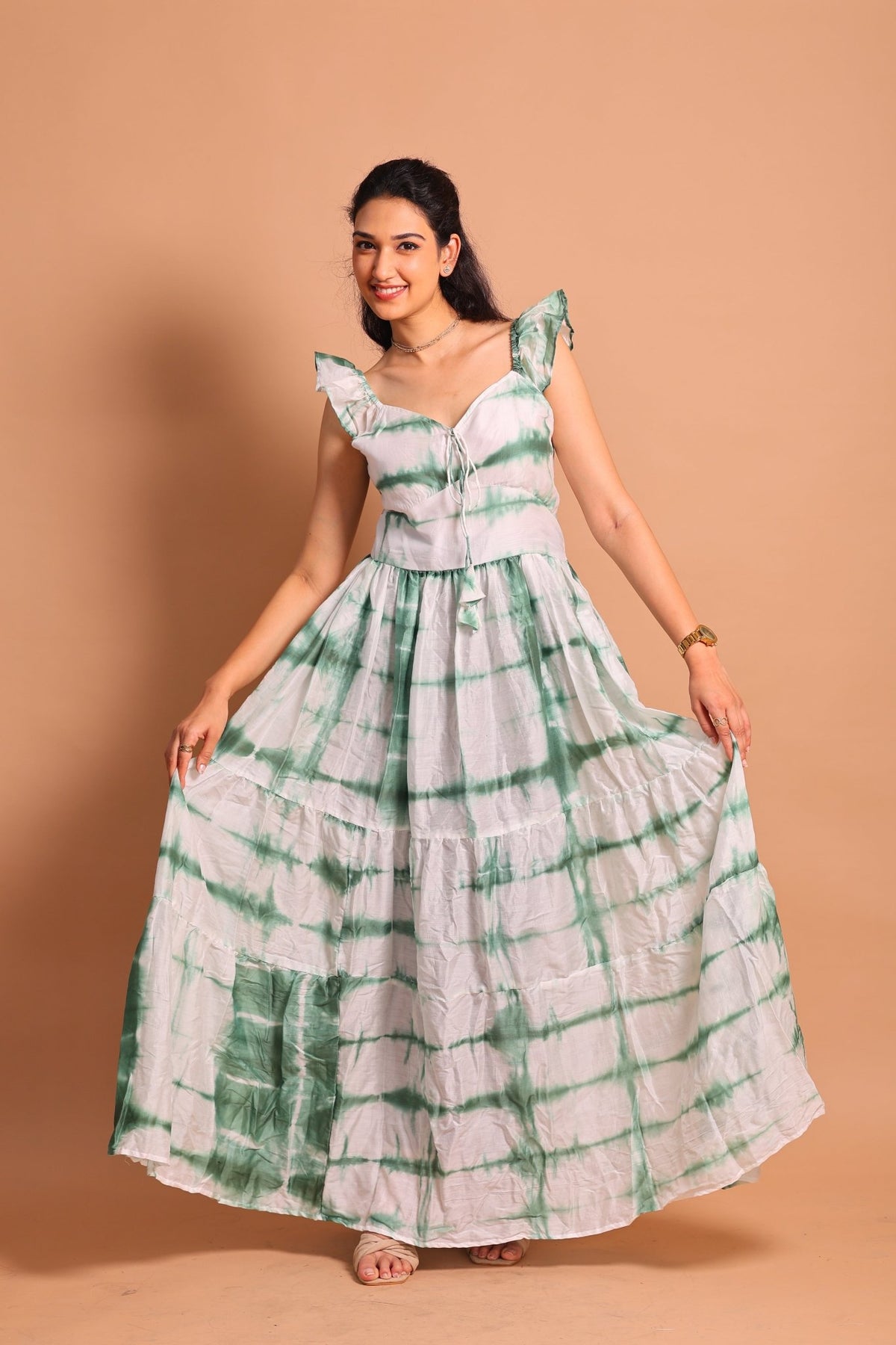 Green Lehariya Tiered Maxi Dress - Sukkoon Clothing