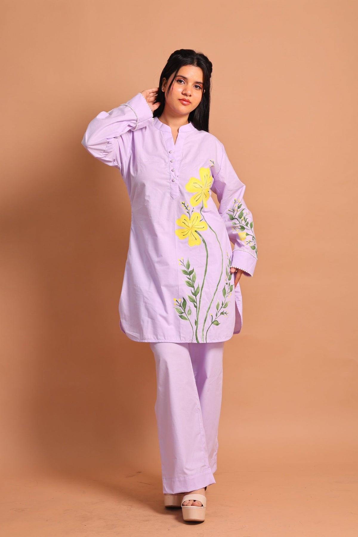Lilac Floral Hand-Painted Co-ord Set - Sukkoon Clothing