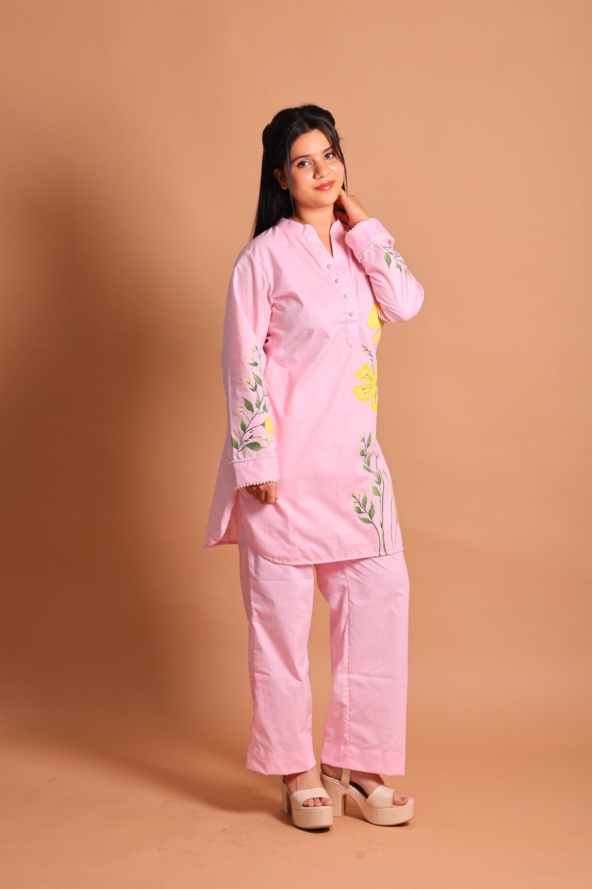 Pink Floral Hand-Painted Co-ord Set - Sukkoon Clothing