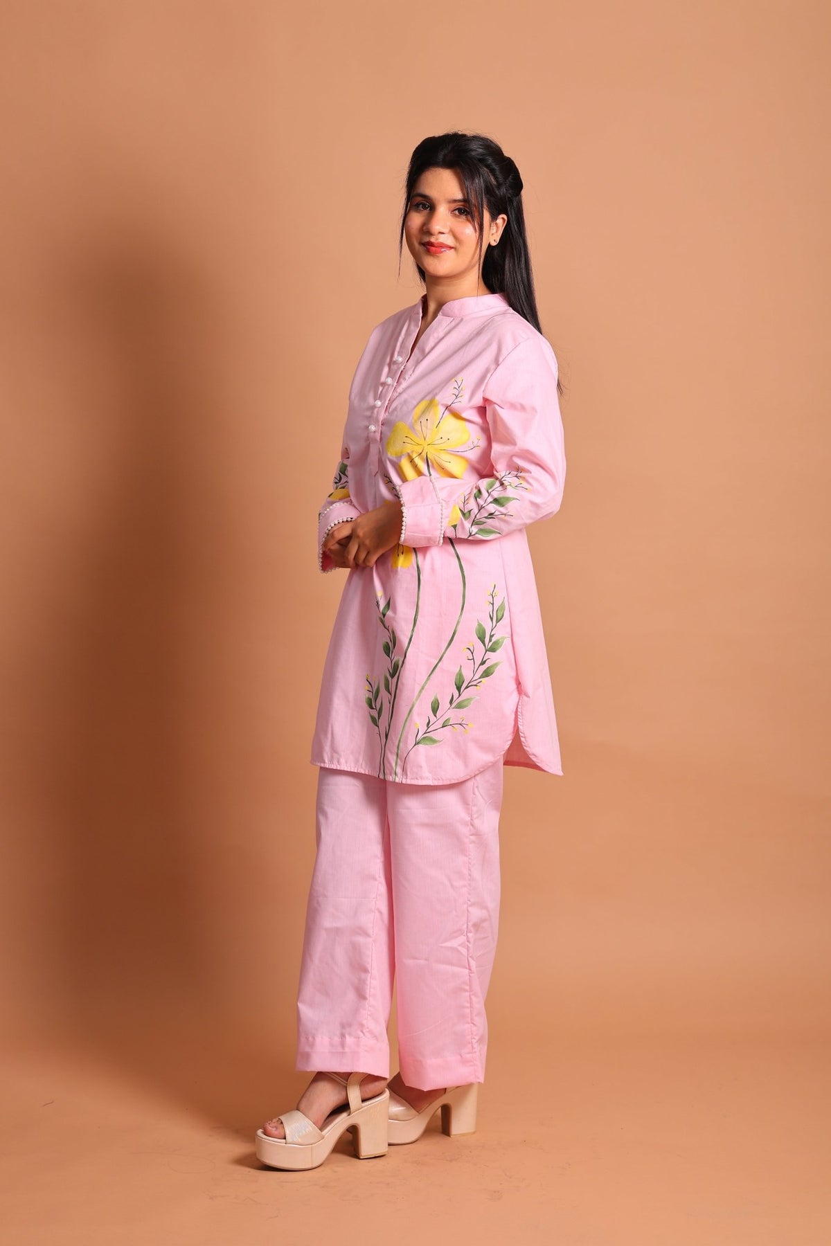 Pink Floral Hand-Painted Co-ord Set - Sukkoon Clothing