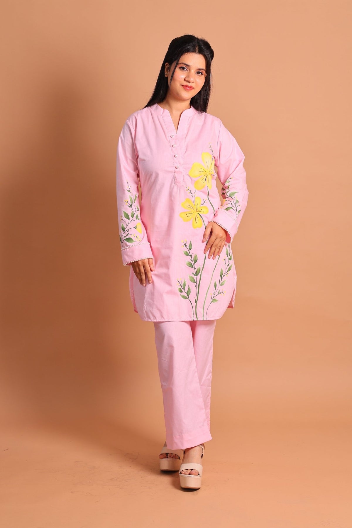 Pink Floral Hand-Painted Co-ord Set - Sukkoon Clothing