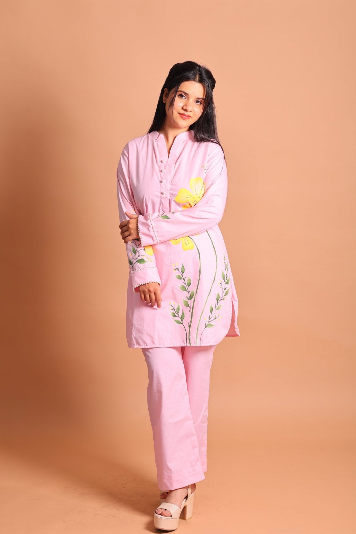 Pink Floral Hand-Painted Co-ord Set - Sukkoon Clothing