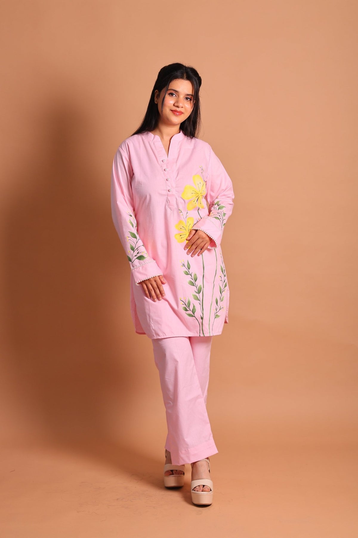 Pink Floral Hand-Painted Co-ord Set - Sukkoon Clothing