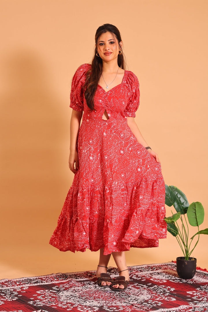 Red Bherugarh Puff Sleeve Maxi Dress - Sukkoon Clothing