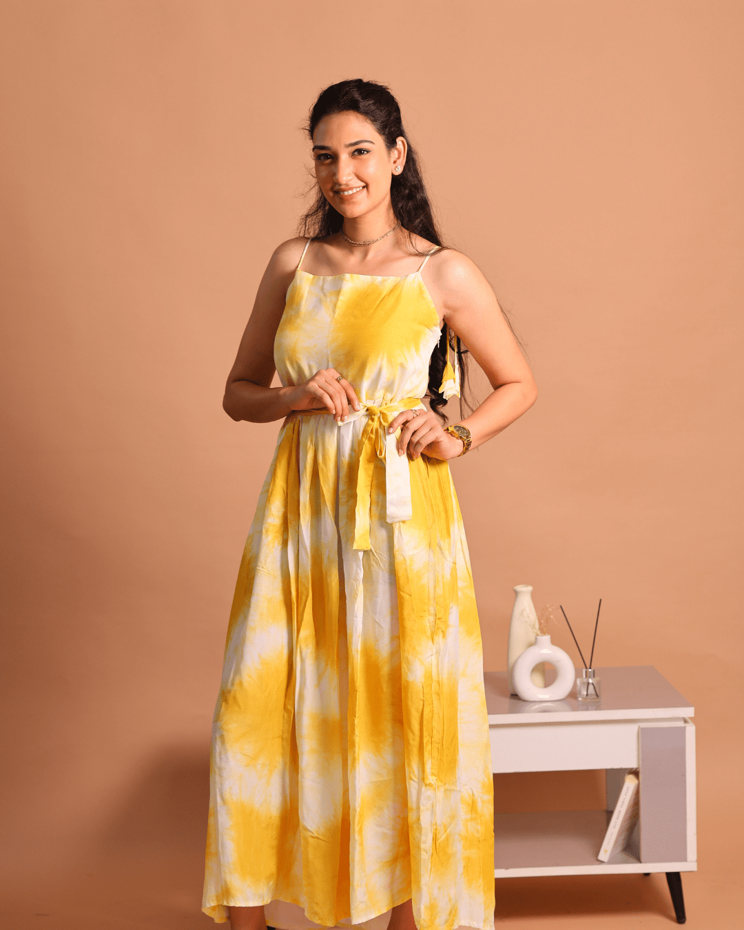 Yellow Lehariya Belted Dress - Sukkoon Clothing