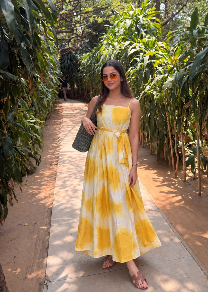 Yellow Lehariya Belted Dress - Sukkoon Clothing