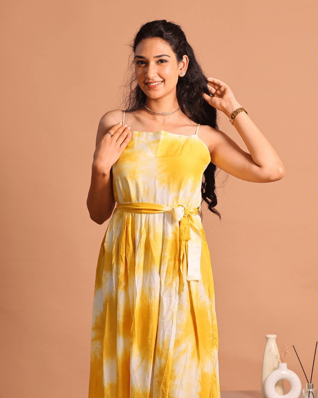 Yellow Lehariya Belted Dress - Sukkoon Clothing