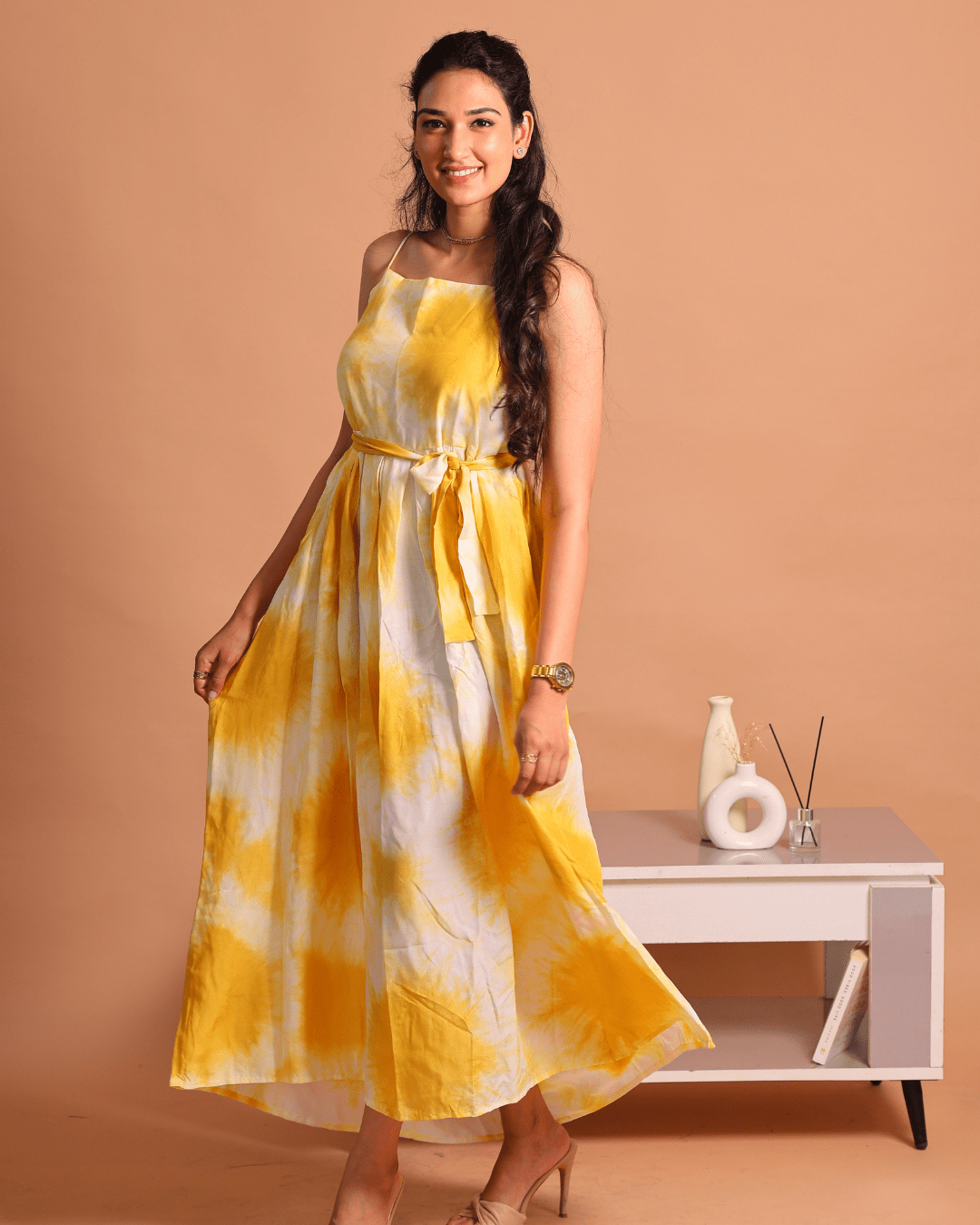 Yellow Lehariya Belted Dress - Sukkoon Clothing