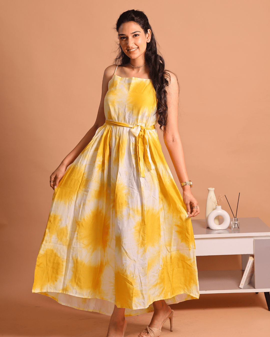 Yellow Lehariya Belted Dress - Sukkoon Clothing